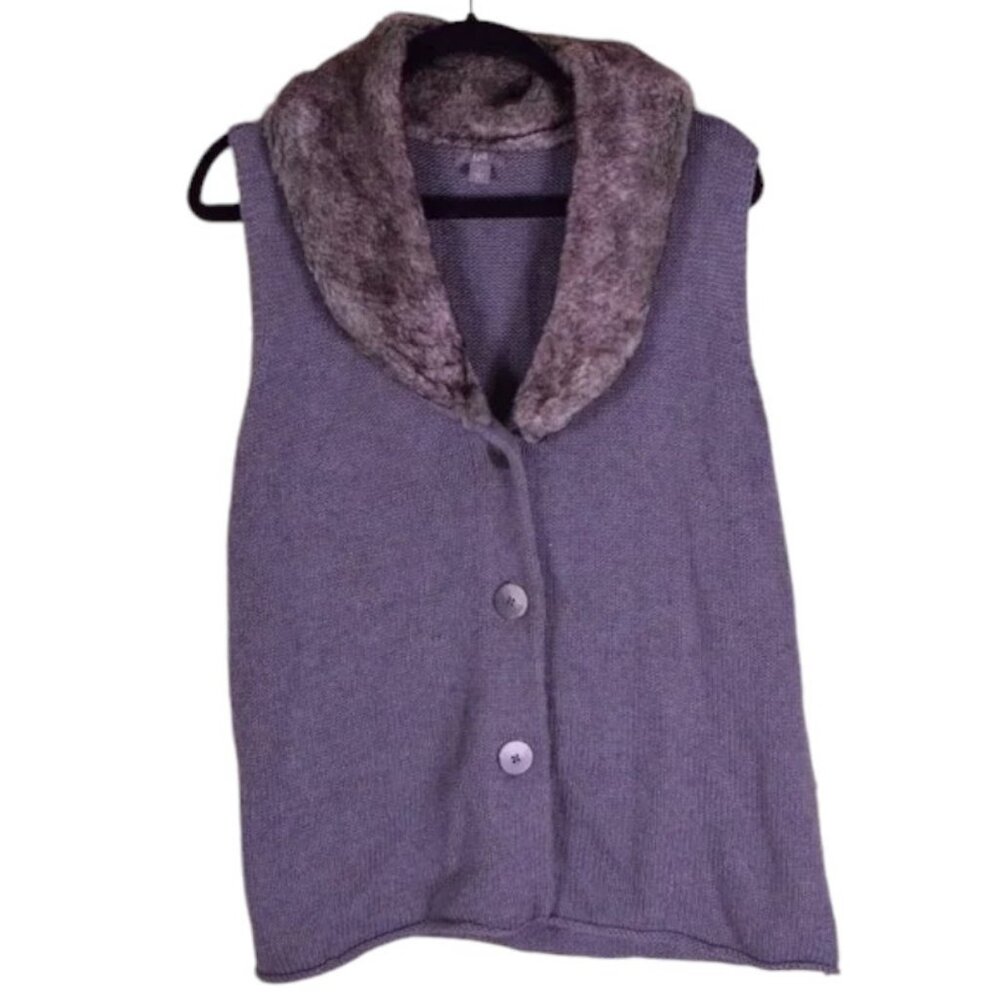 J. Jill Women's Gray Angora Rabbit Faux Fur Cotton Winter Sweater Knit Vest - L